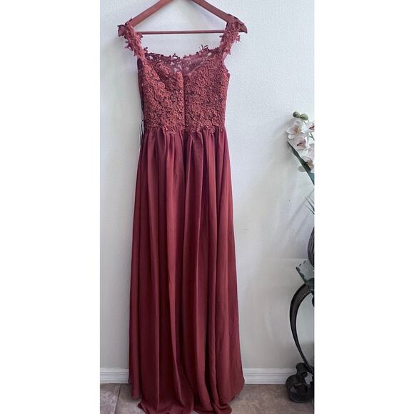 NWT Women's Copper Lace Off-Shoulder High Slit Prom Bridesmaid Dress Size S - Picture 3 of 10